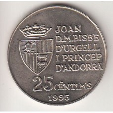 монета 25 сантимов, Андорра, 1995	год , стоимость , цена