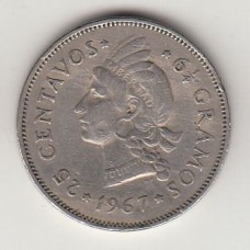 монета 25 сентаво, Доминиканская Республика, 1967	год, стоимость , цена
